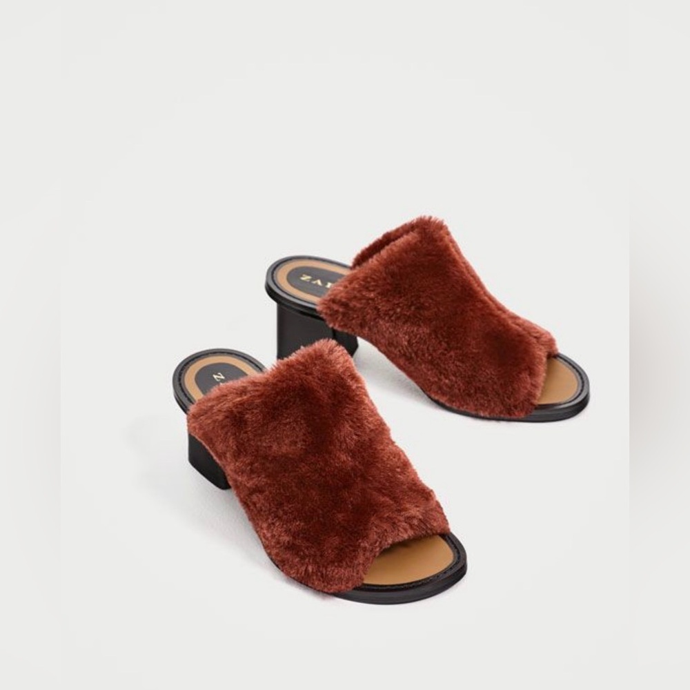 ZARA Faux Fur Plush Block Heel Slides